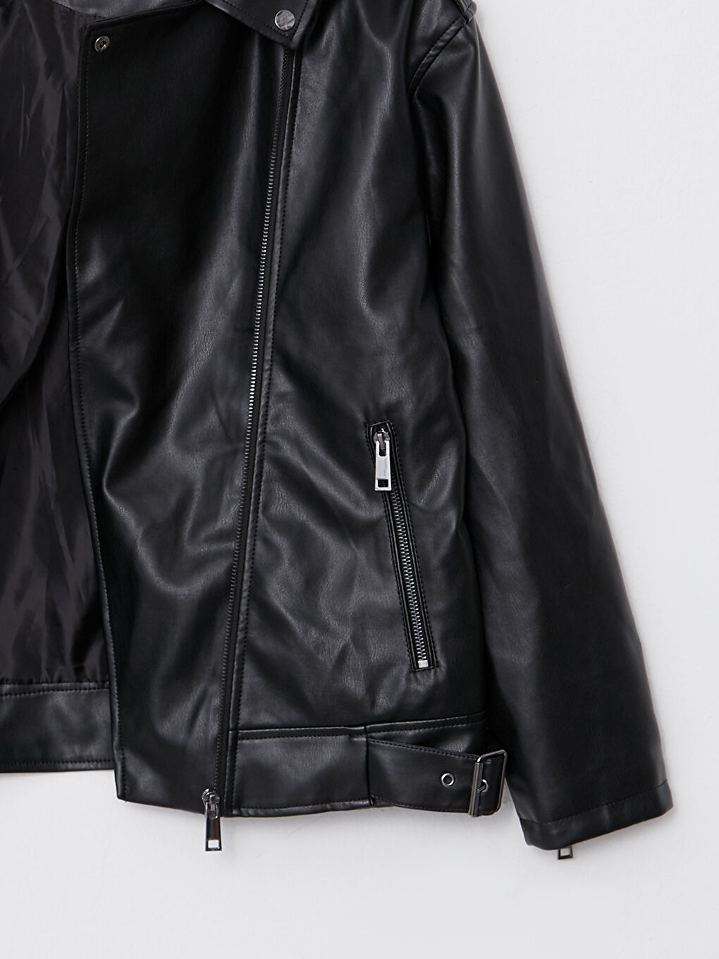 Siyah Kadın Biker Yaka Düz Deri Görünümlü Mont-8