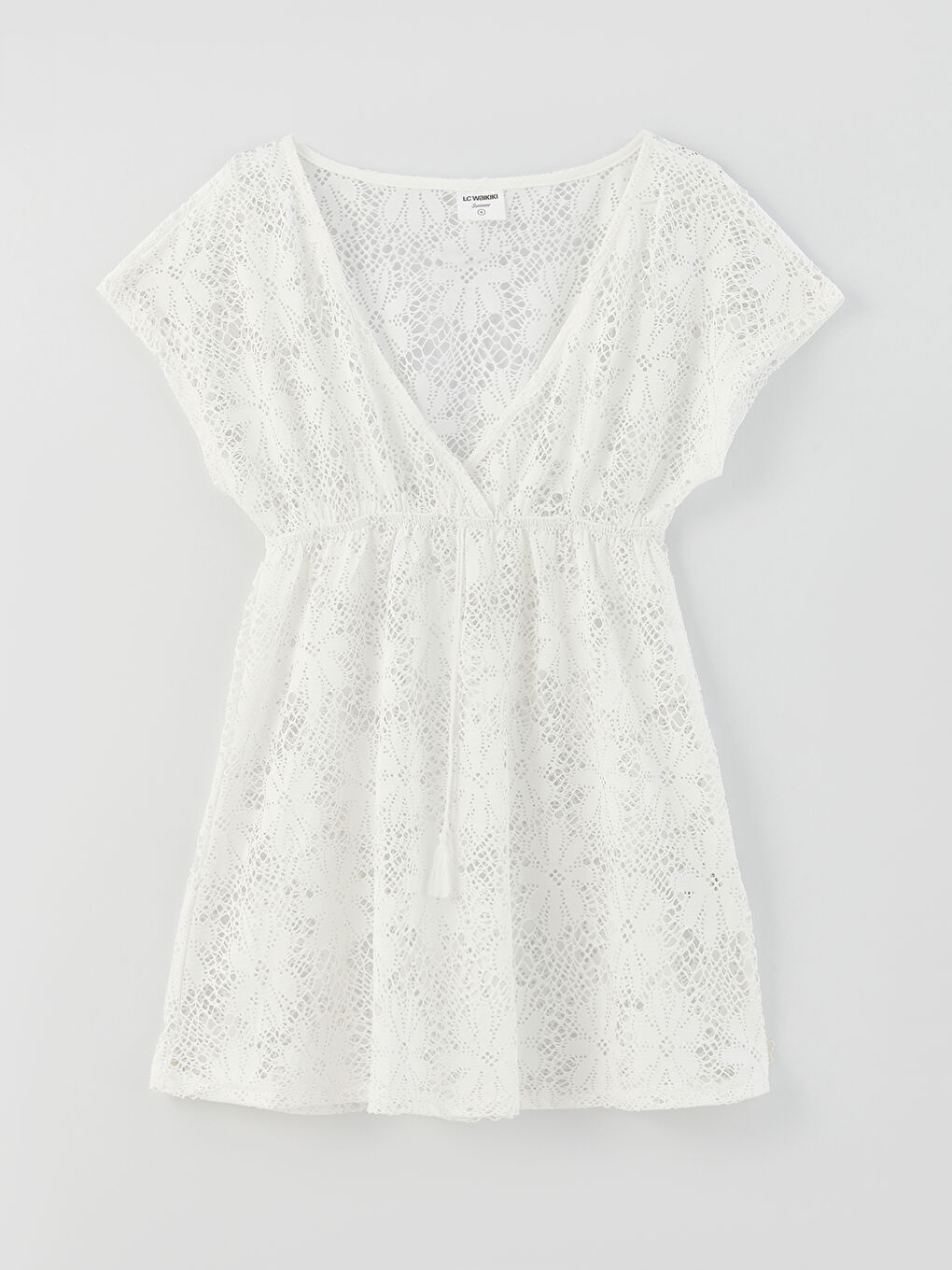 Ekru V Yaka Dantelli Kısa Kollu Kadın Plaj Elbisesi