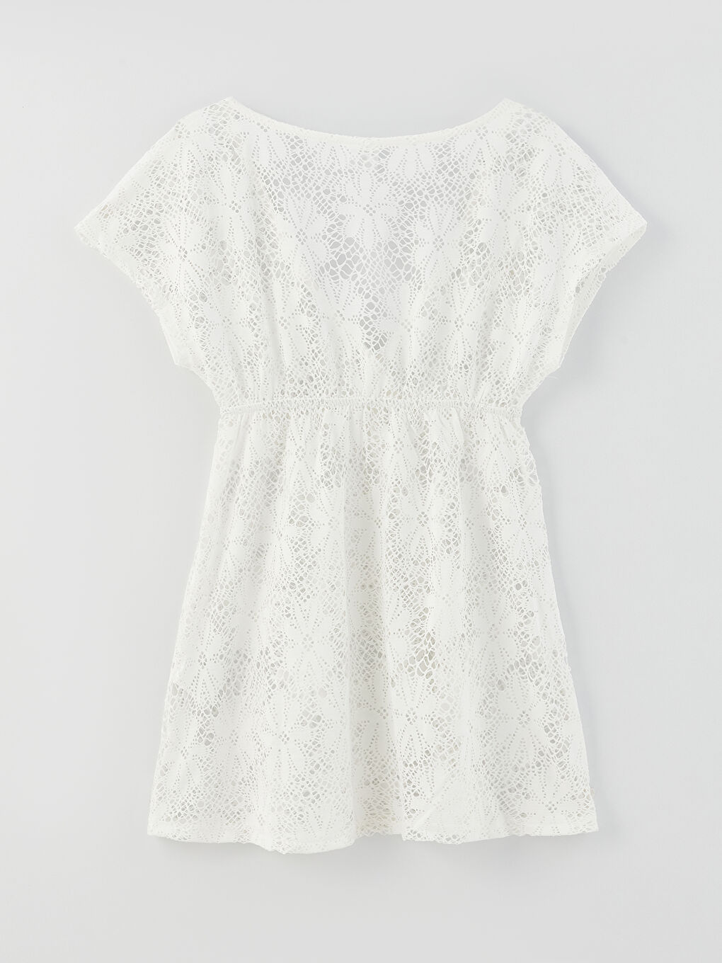 Ekru V Yaka Dantelli Kısa Kollu Kadın Plaj Elbisesi-1
