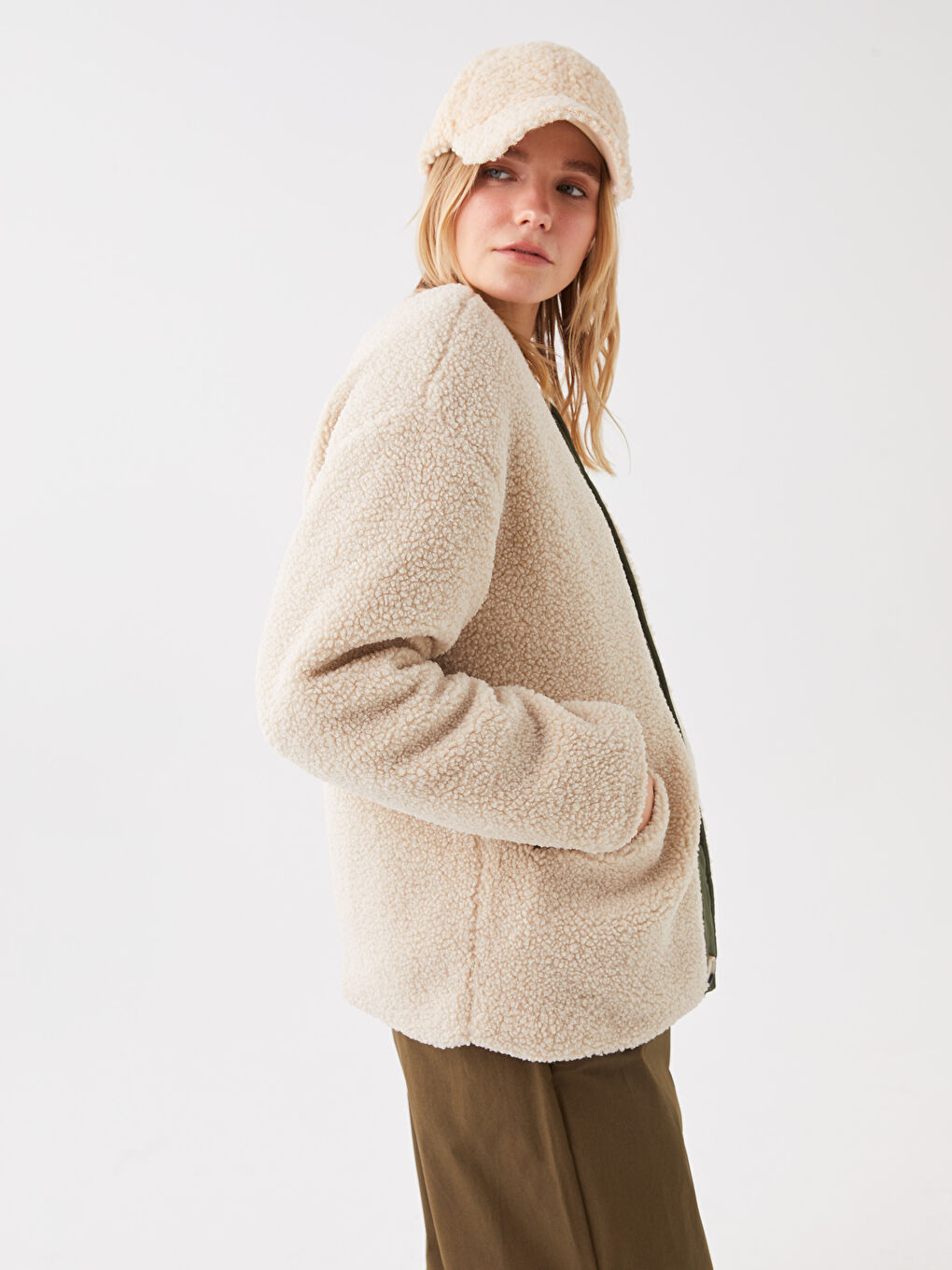Crew Neck Straight Long Sleeve Women's Shearling Coat -S30248Z8-RYS
