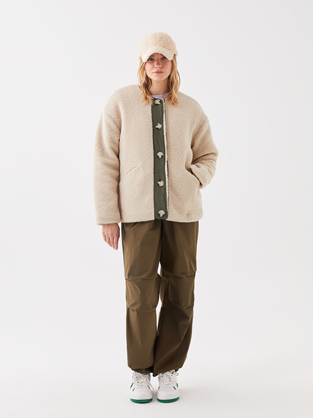 Crew Neck Straight Long Sleeve Women's Shearling Coat -S30248Z8-RYS