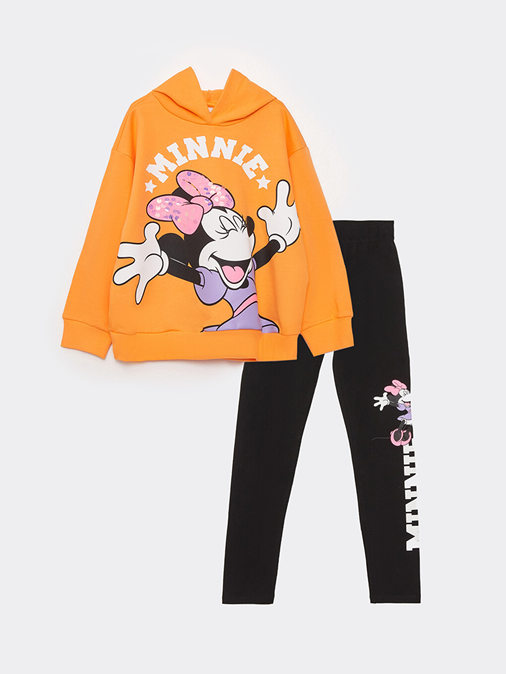 Hooded Minnie Mouse Printed Long Sleeve Girls' Sweatshirt And Tights