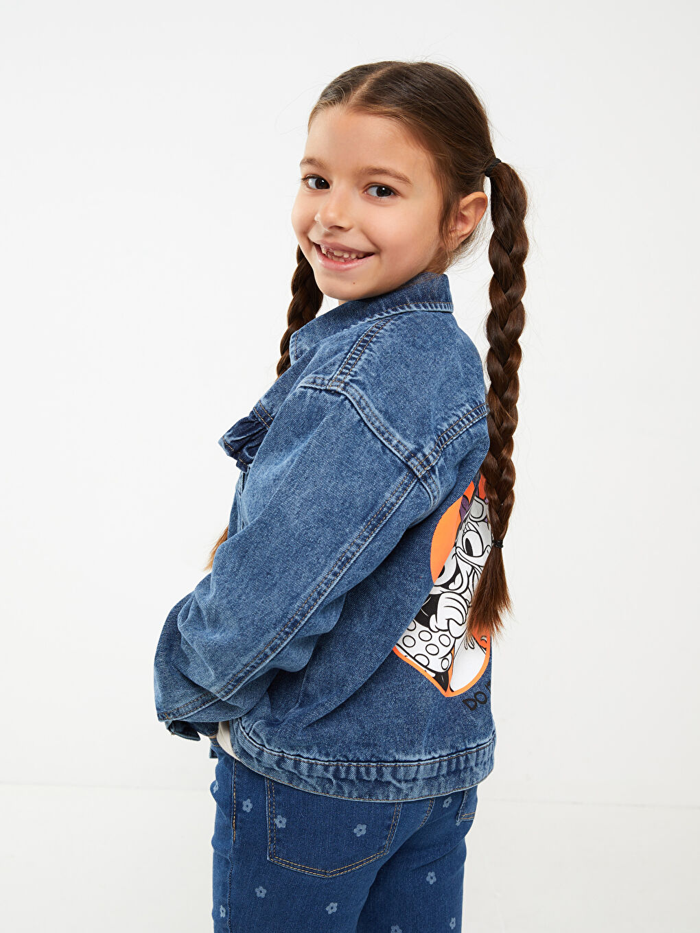 Collared Neck Minnie Mouse Printed Girls' Denim Jacket -S30277Z4-502