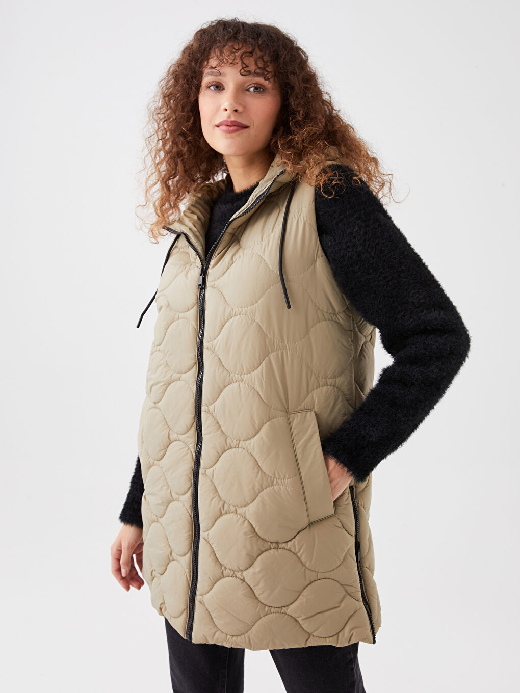 Hooded Self Patterned Women's Vest -S30293Z8-RXB