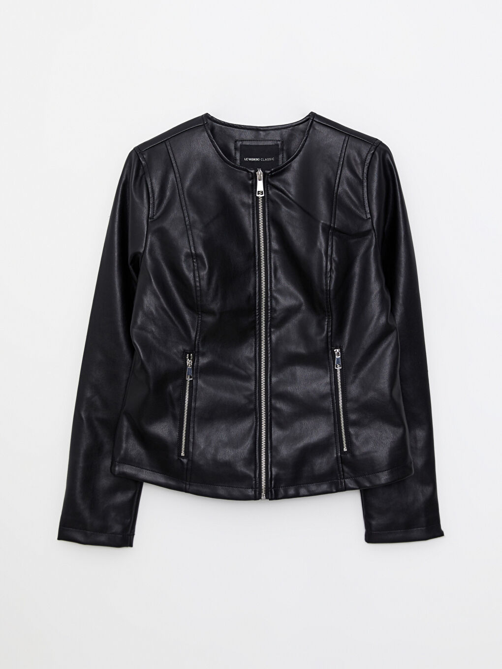 Siyah Bisiklet Yaka Kadın Deri Görünümlü Ceket-6