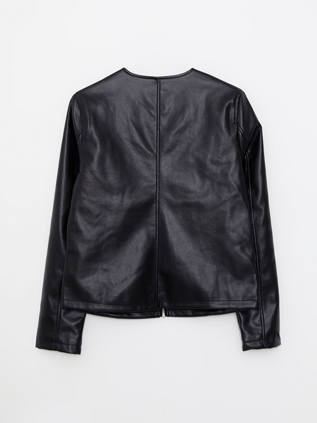 Siyah Bisiklet Yaka Kadın Deri Görünümlü Ceket-8