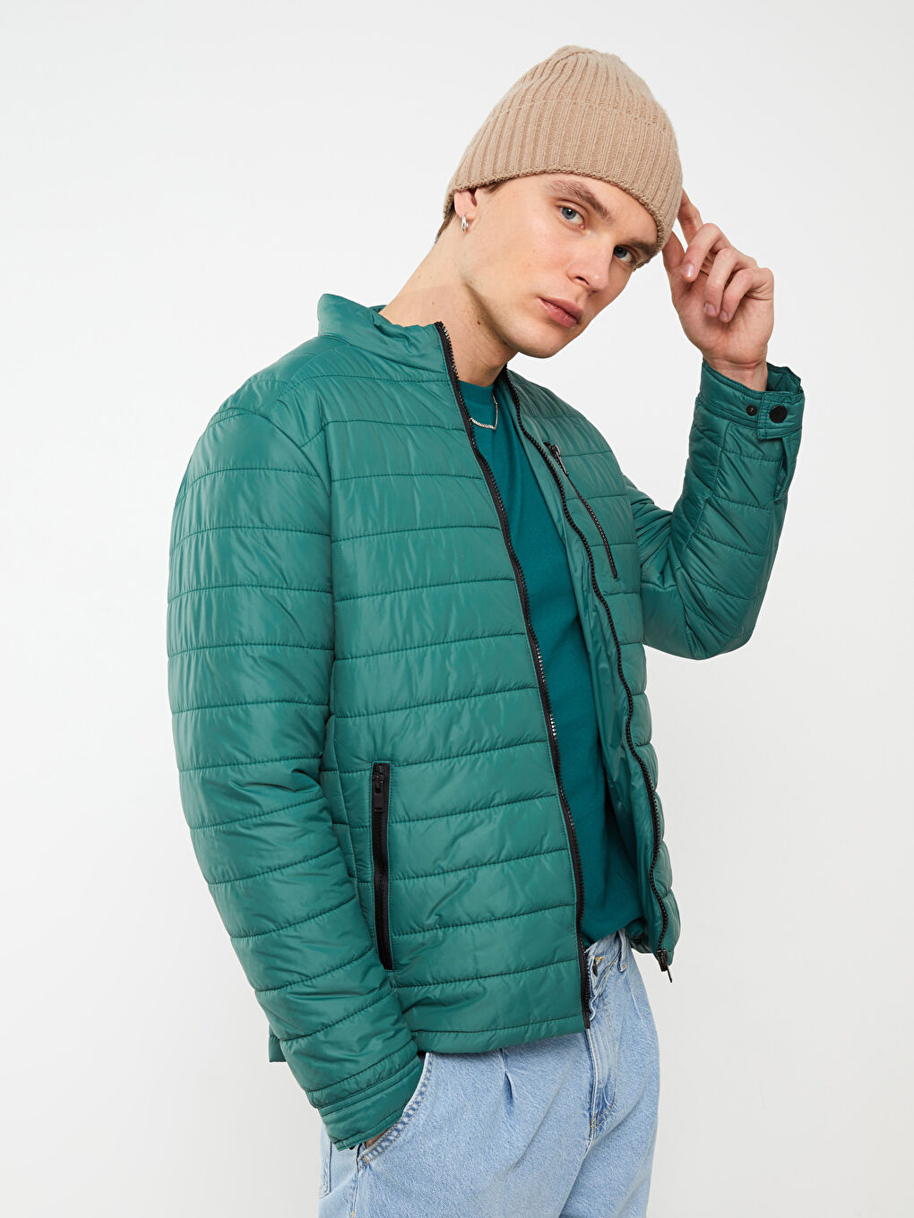 Yeşil Slim Fit Dik Yaka Erkek Şişme Mont