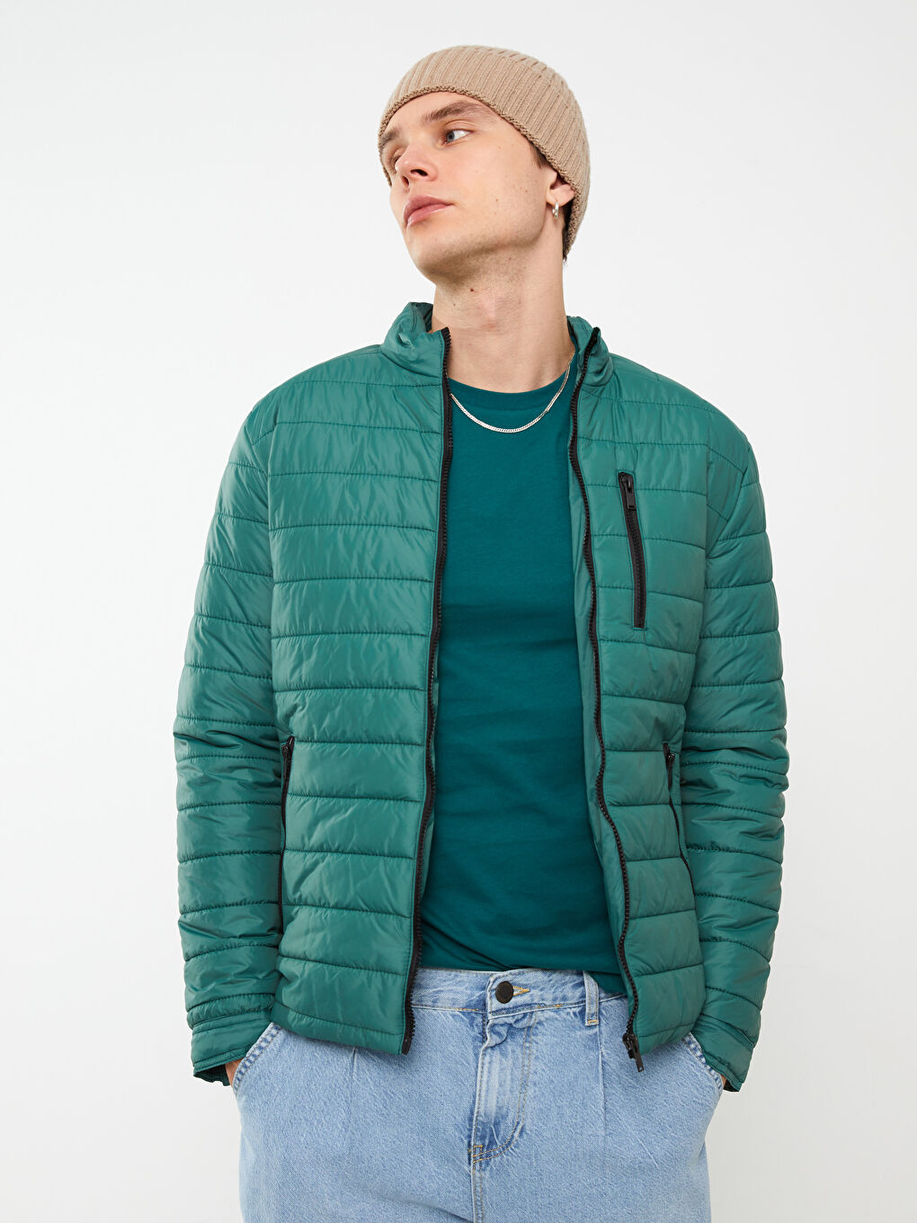 Yeşil Slim Fit Dik Yaka Erkek Şişme Mont-1