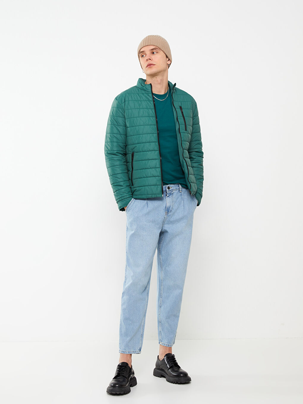 Yeşil Slim Fit Dik Yaka Erkek Şişme Mont-2