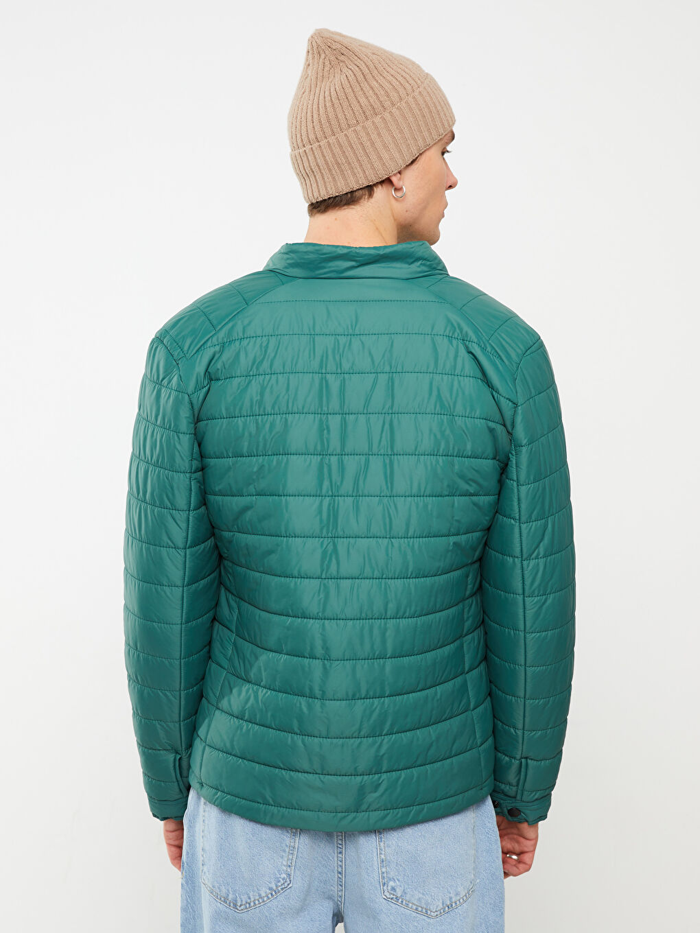 Yeşil Slim Fit Dik Yaka Erkek Şişme Mont-5