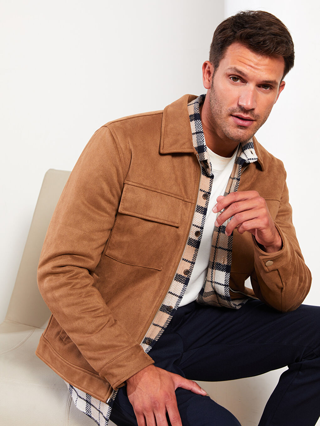 Kahverengi Slim Fit Gömlek Yaka Erkek Süet Mont