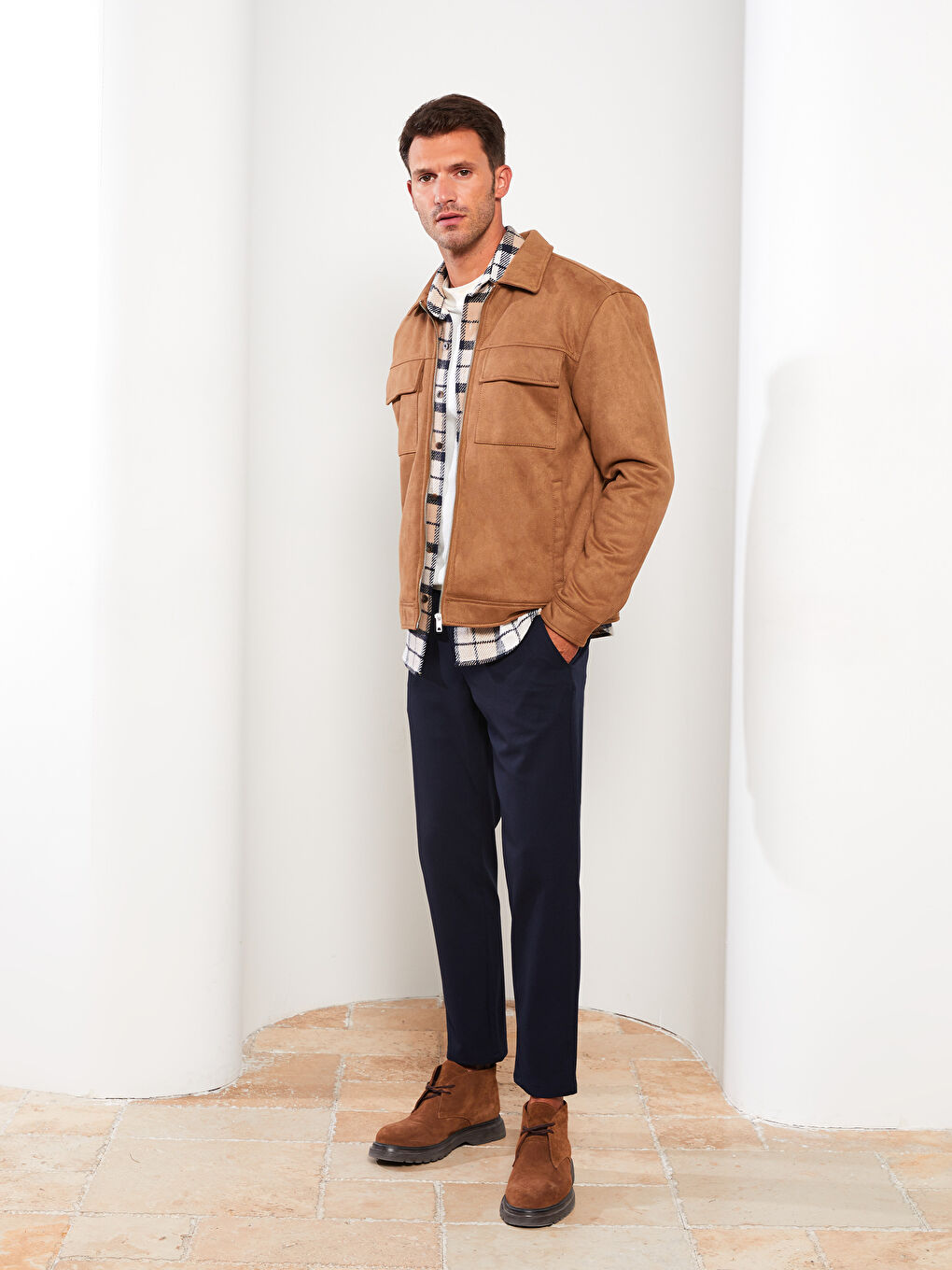 Kahverengi Slim Fit Gömlek Yaka Erkek Süet Mont-1