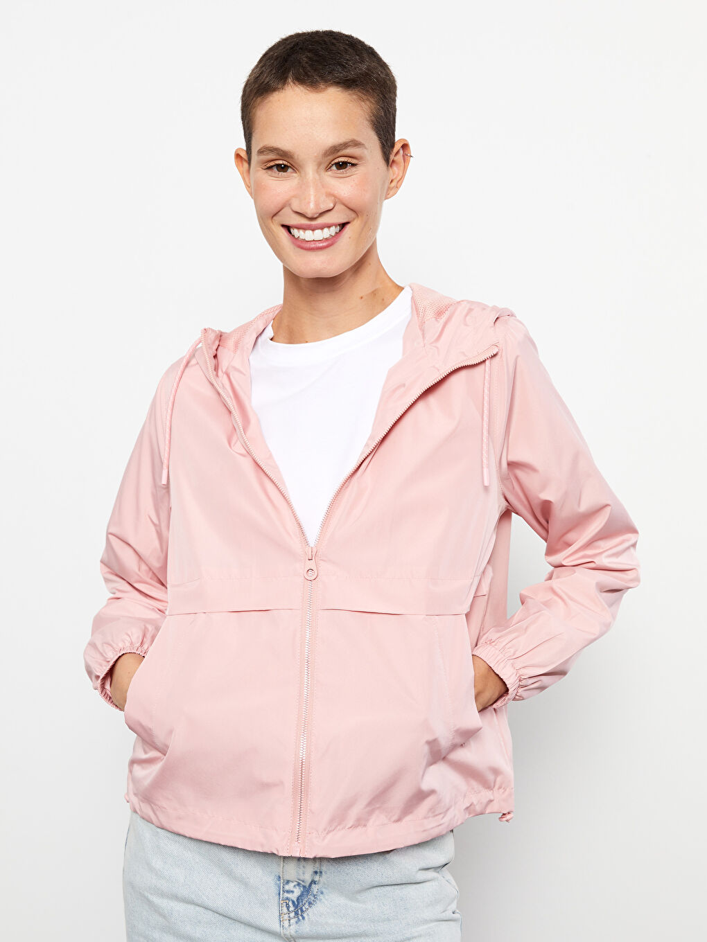 Pembe Kapüşonlu Kadın Yağmurluk