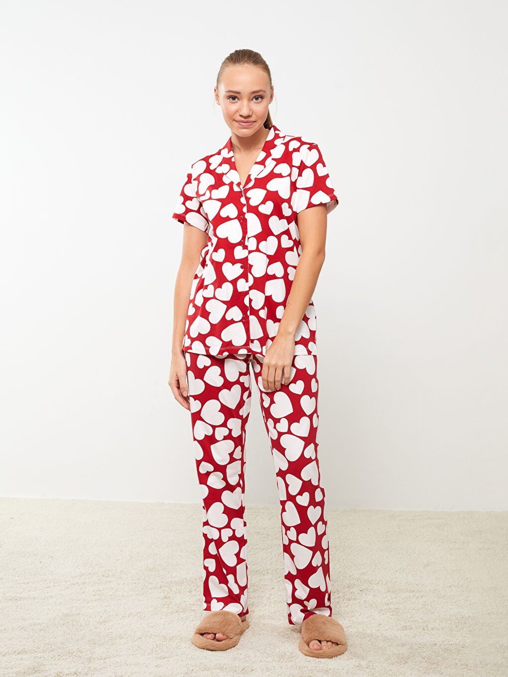 Kırmızı Gömlek Yaka Desenli Kısa Kollu Kadın Pijama Takımı-2