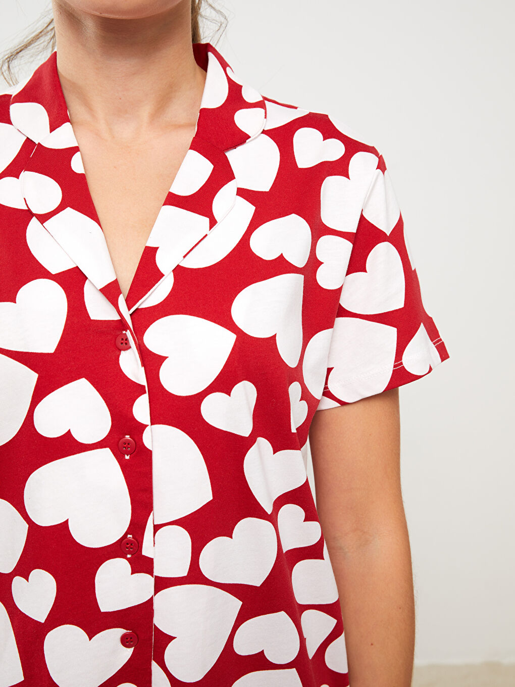 Kırmızı Gömlek Yaka Desenli Kısa Kollu Kadın Pijama Takımı-3