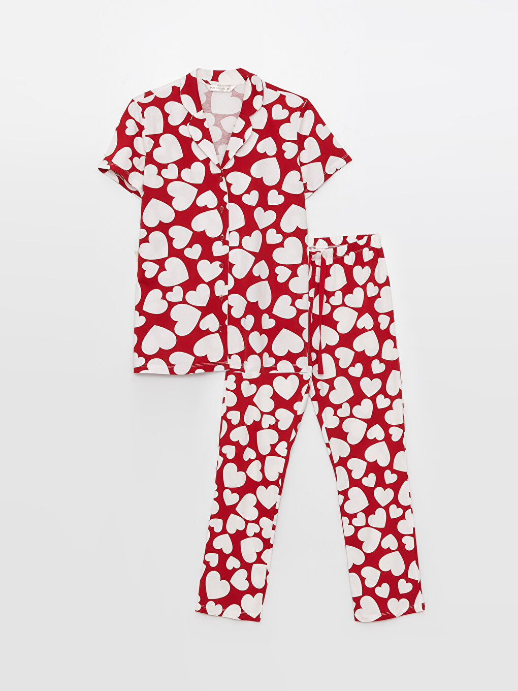 Kırmızı Gömlek Yaka Desenli Kısa Kollu Kadın Pijama Takımı-5