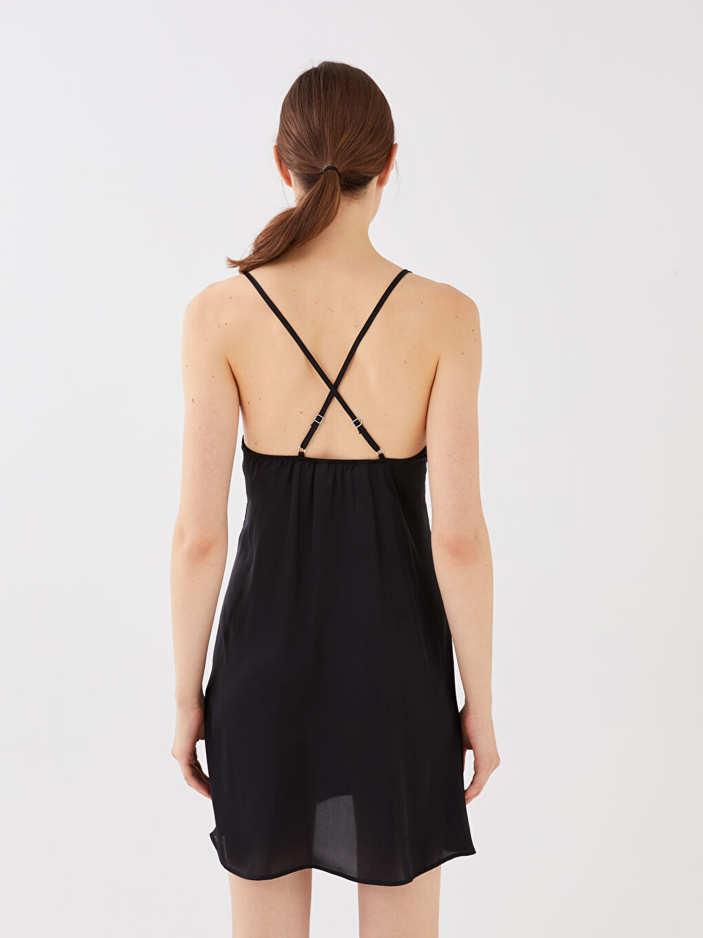V-Neck Lace Detailed Strappy Satin Women's Fancy Nightdress -S30433Z8-CVL