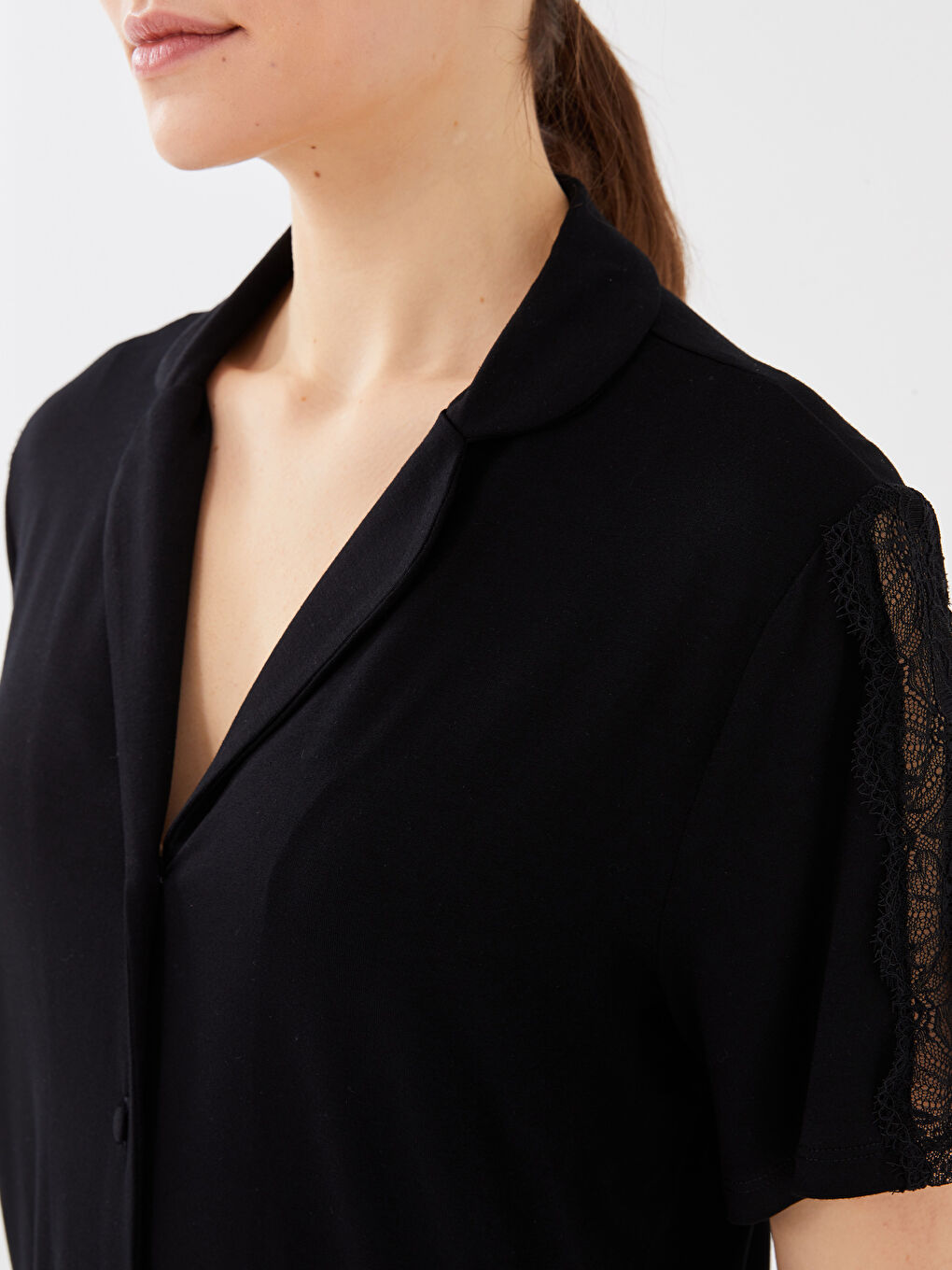 Siyah Gömlek Yaka Dantel Detaylı Kadın Pijama Takımı-3