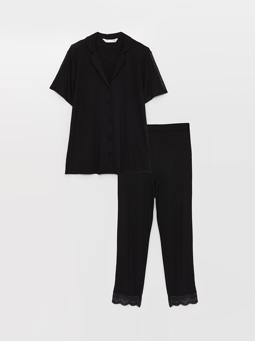 Siyah Gömlek Yaka Dantel Detaylı Kadın Pijama Takımı-5