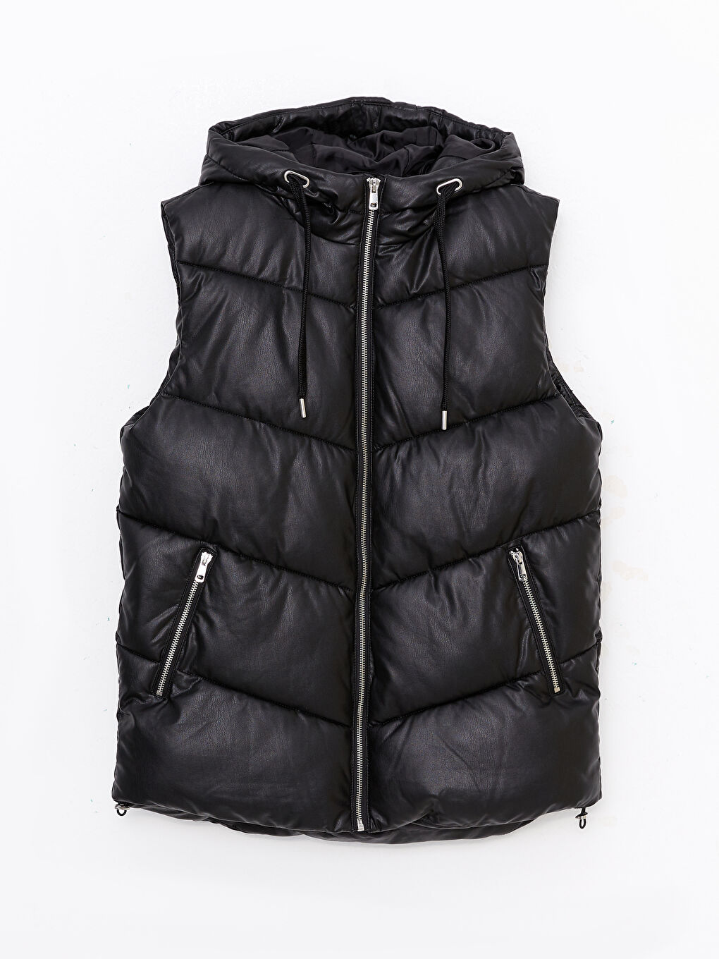 әйелдерге арналған капюшонды өрнексіз жасанды былғары пуховик жилет-6