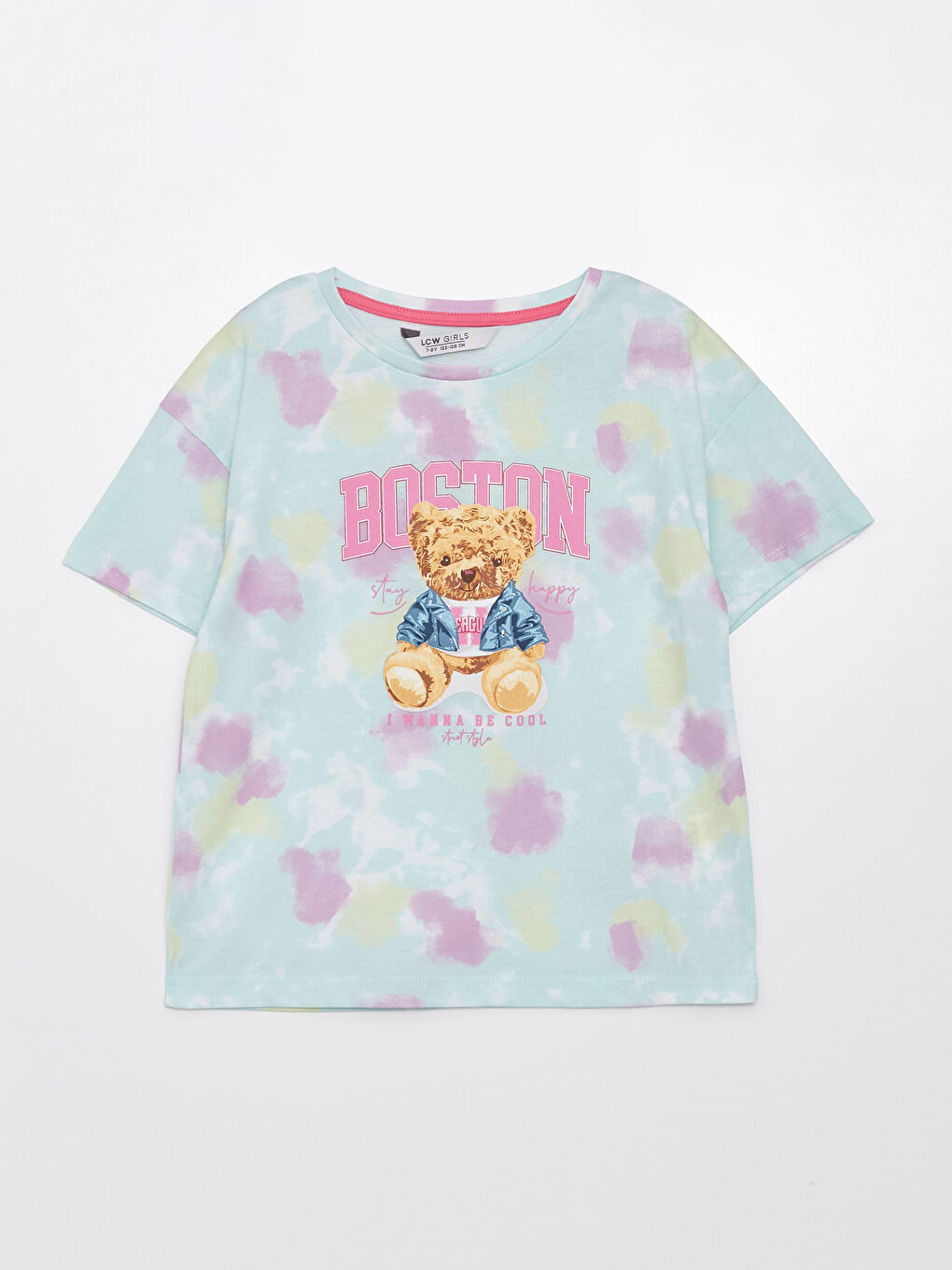Crew Neck Teddy Bear Printed Girls' T-Shirt