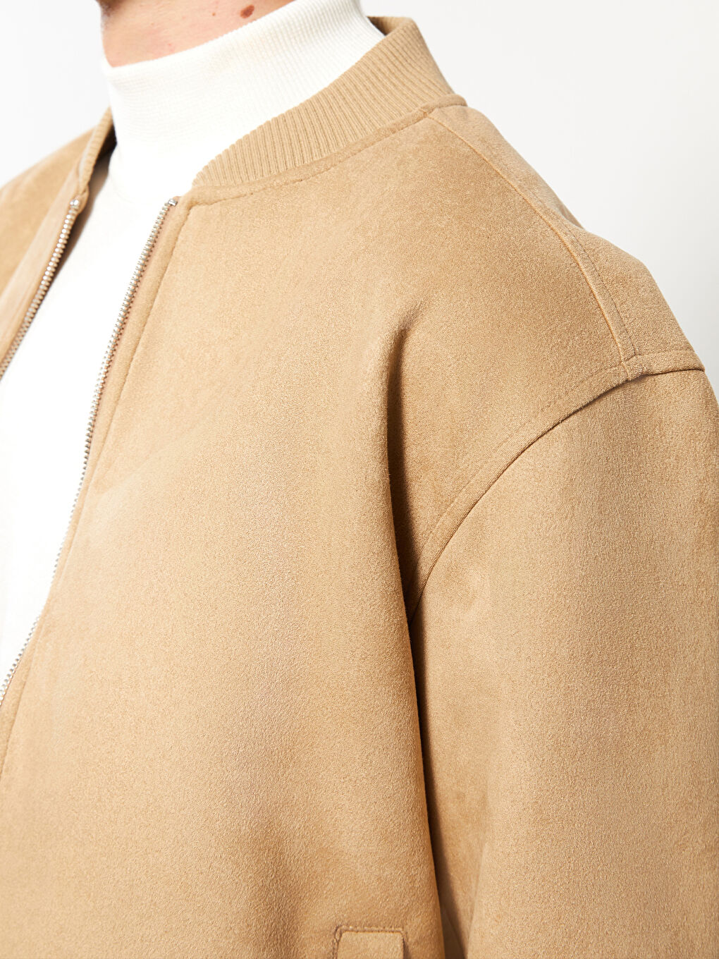 Bej Standart Kalıp Kolej Yaka Erkek Bomber Ceket-3