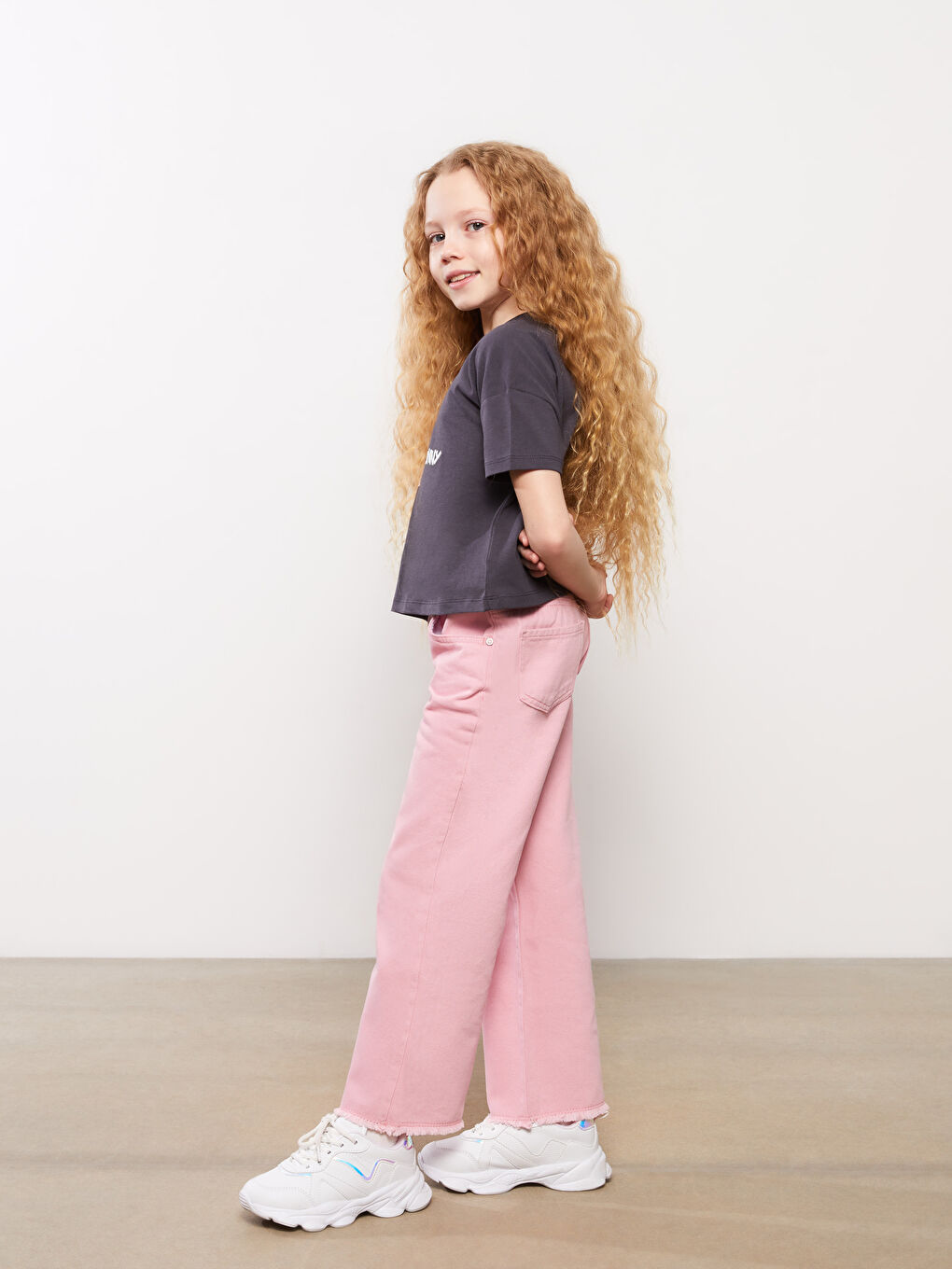 Pembe Basic Geniş Paça Gabardin Kız Çocuk Pantolon