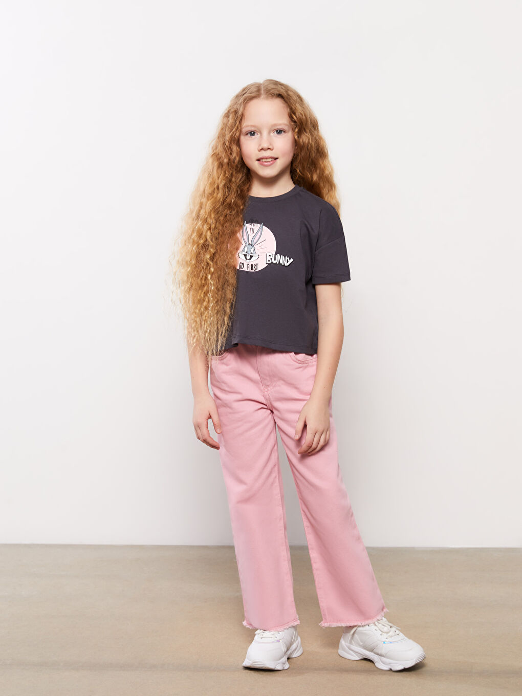 Pembe Basic Geniş Paça Gabardin Kız Çocuk Pantolon-1