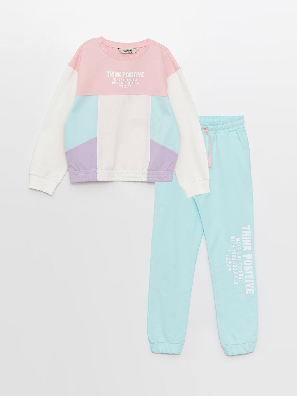 Karışık Bisiklet Yaka Baskılı Uzun Kollu Kız Çocuk Sweatshirt ve Eşofman Altı-2