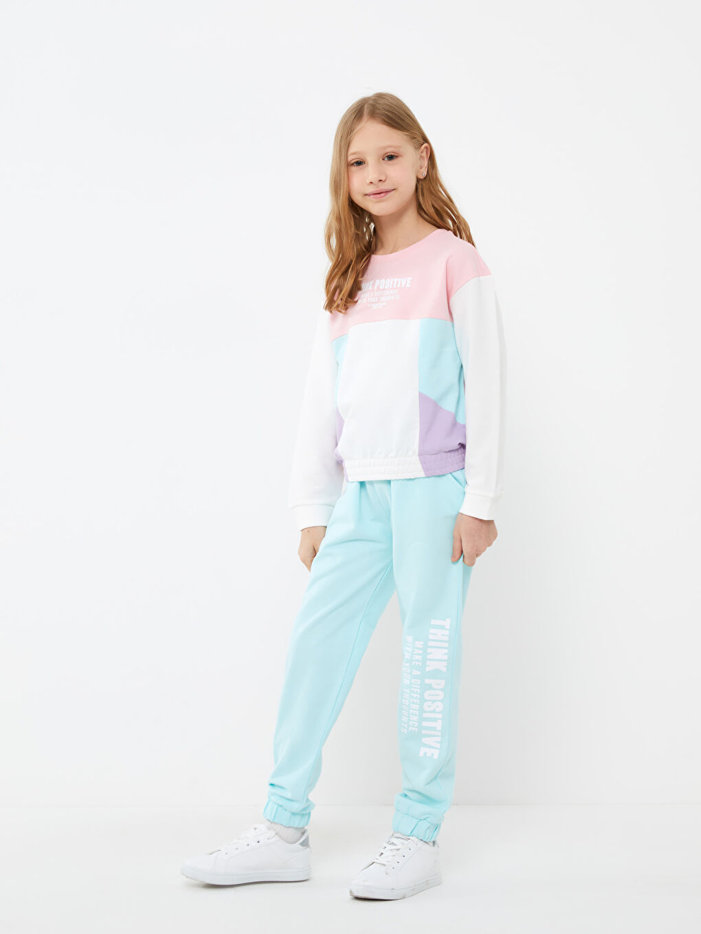 Karışık Bisiklet Yaka Baskılı Uzun Kollu Kız Çocuk Sweatshirt ve Eşofman Altı-1