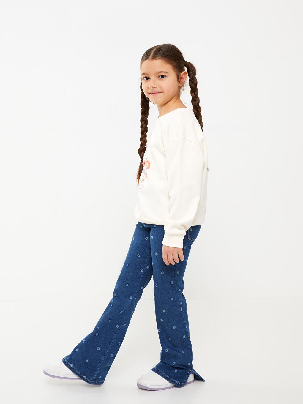 İndigo Baskılı İspanyol Paça Kız Çocuk Jean Pantolon