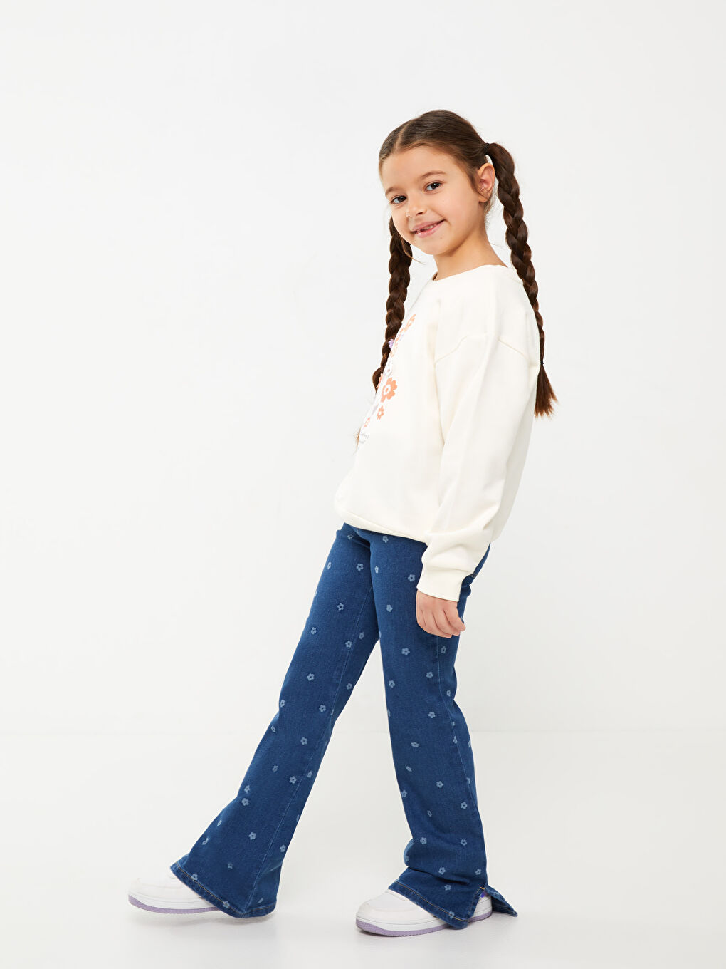 İndigo Baskılı İspanyol Paça Kız Çocuk Jean Pantolon-1