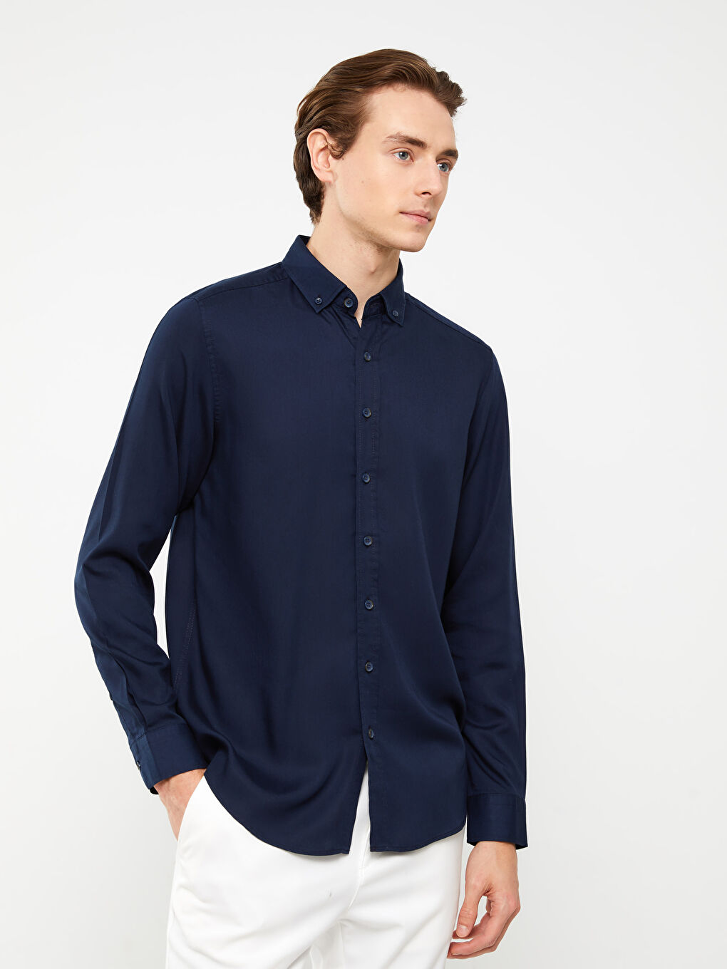 Lacivert Regular Fit Uzun Kollu Erkek Gömlek-1