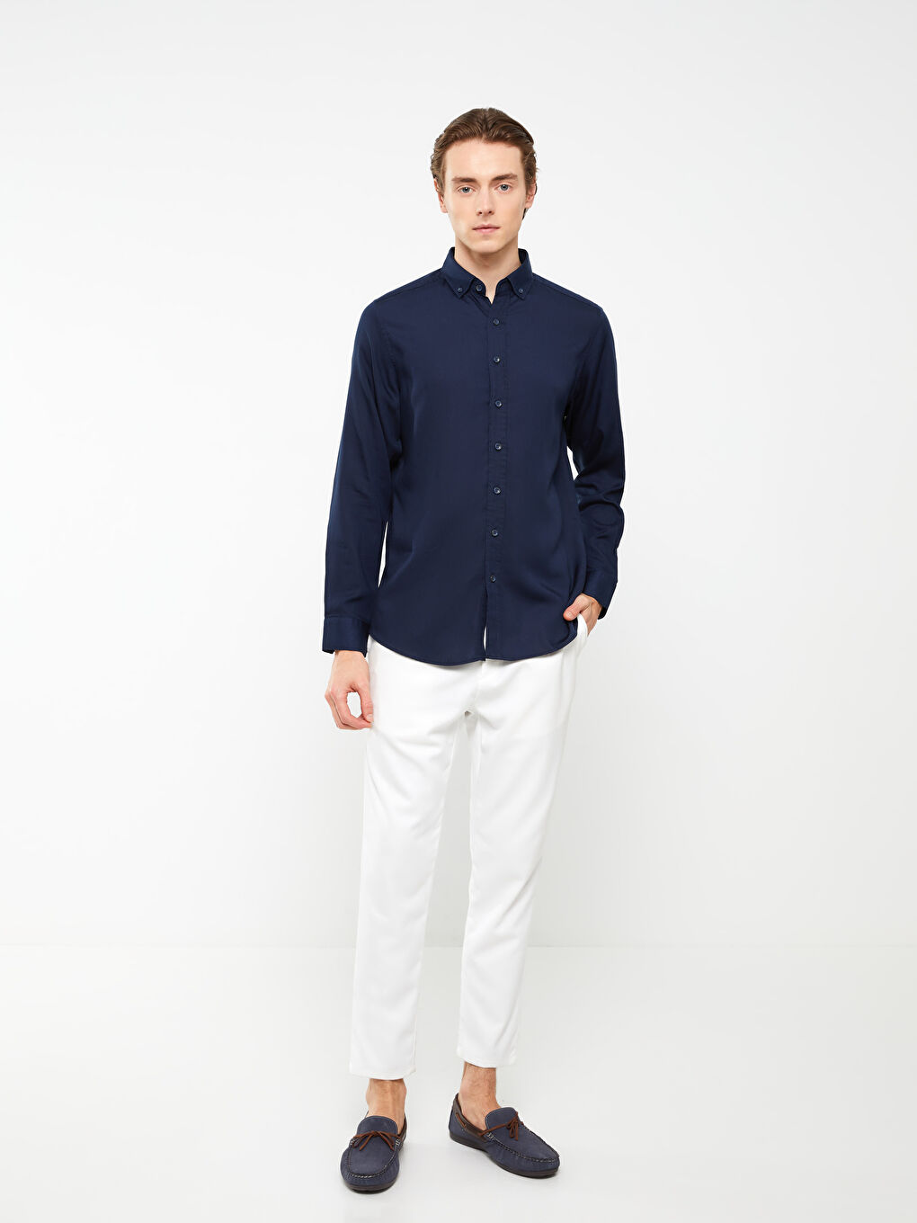 Lacivert Regular Fit Uzun Kollu Erkek Gömlek-2
