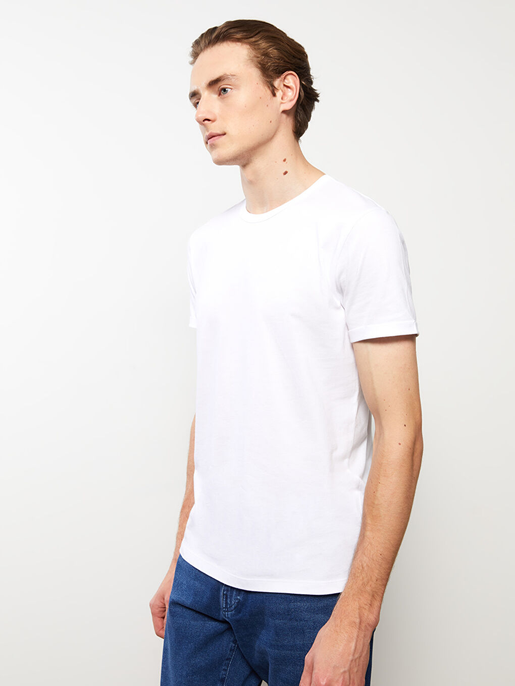 Beyaz Bisiklet Yaka Penye Erkek Tişört