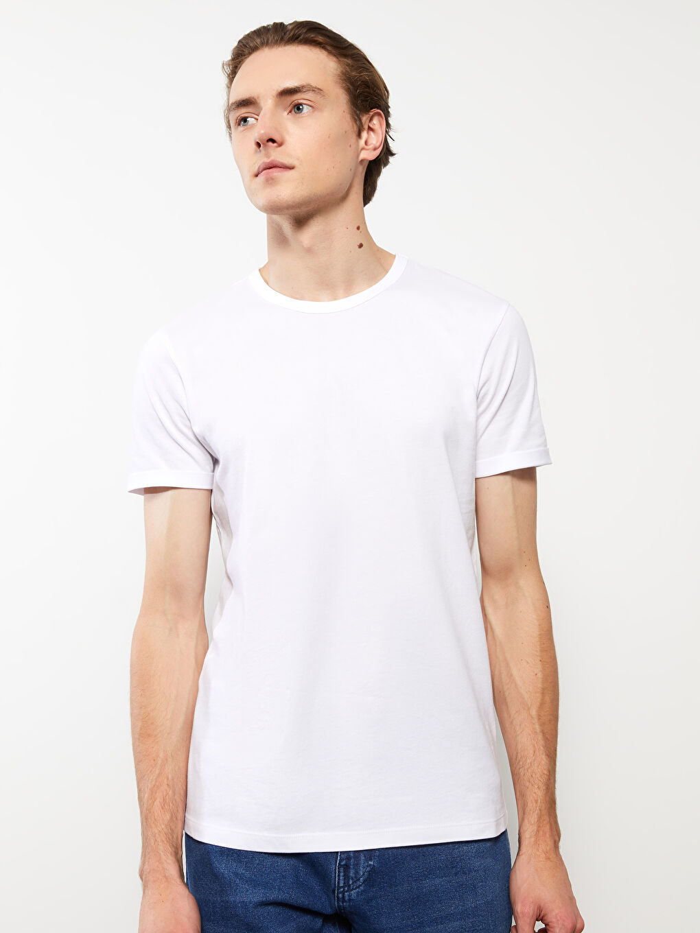 Beyaz Bisiklet Yaka Penye Erkek Tişört-1