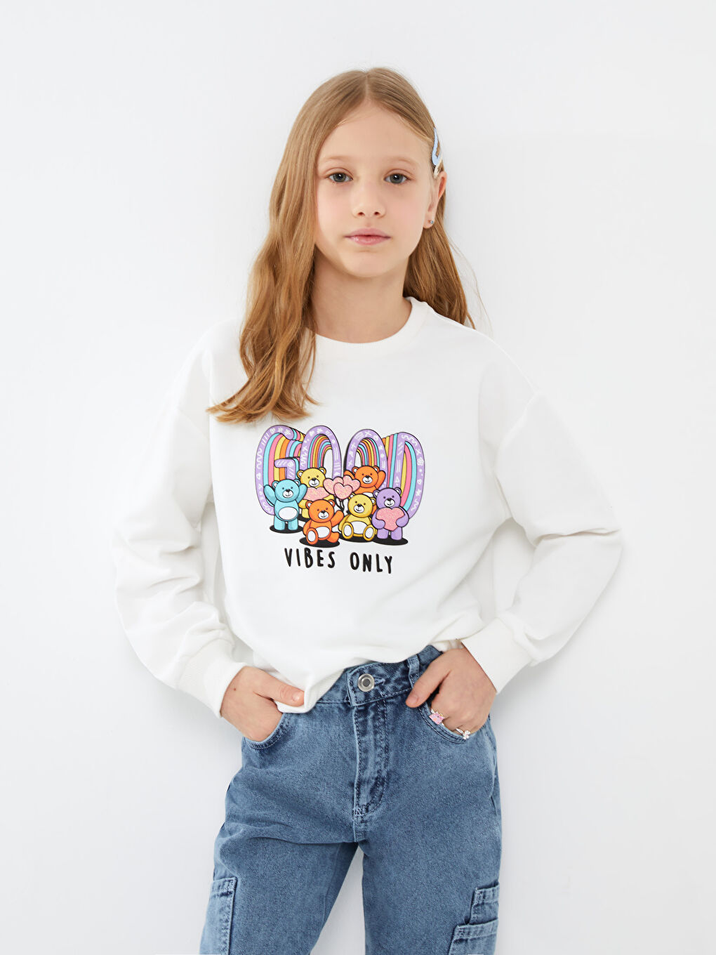 Hanorac Guler Rotund Imprimat Mânecă Lungă pentru Fete-2