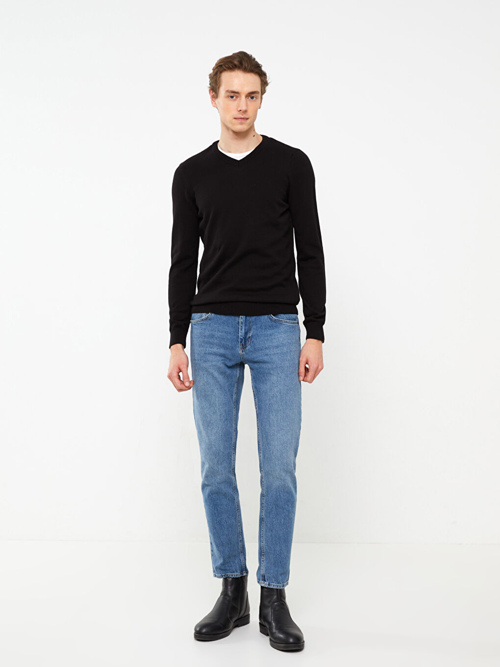 سترة تريكو بياقة على شكل حرف V وكم طويل للرجال-2