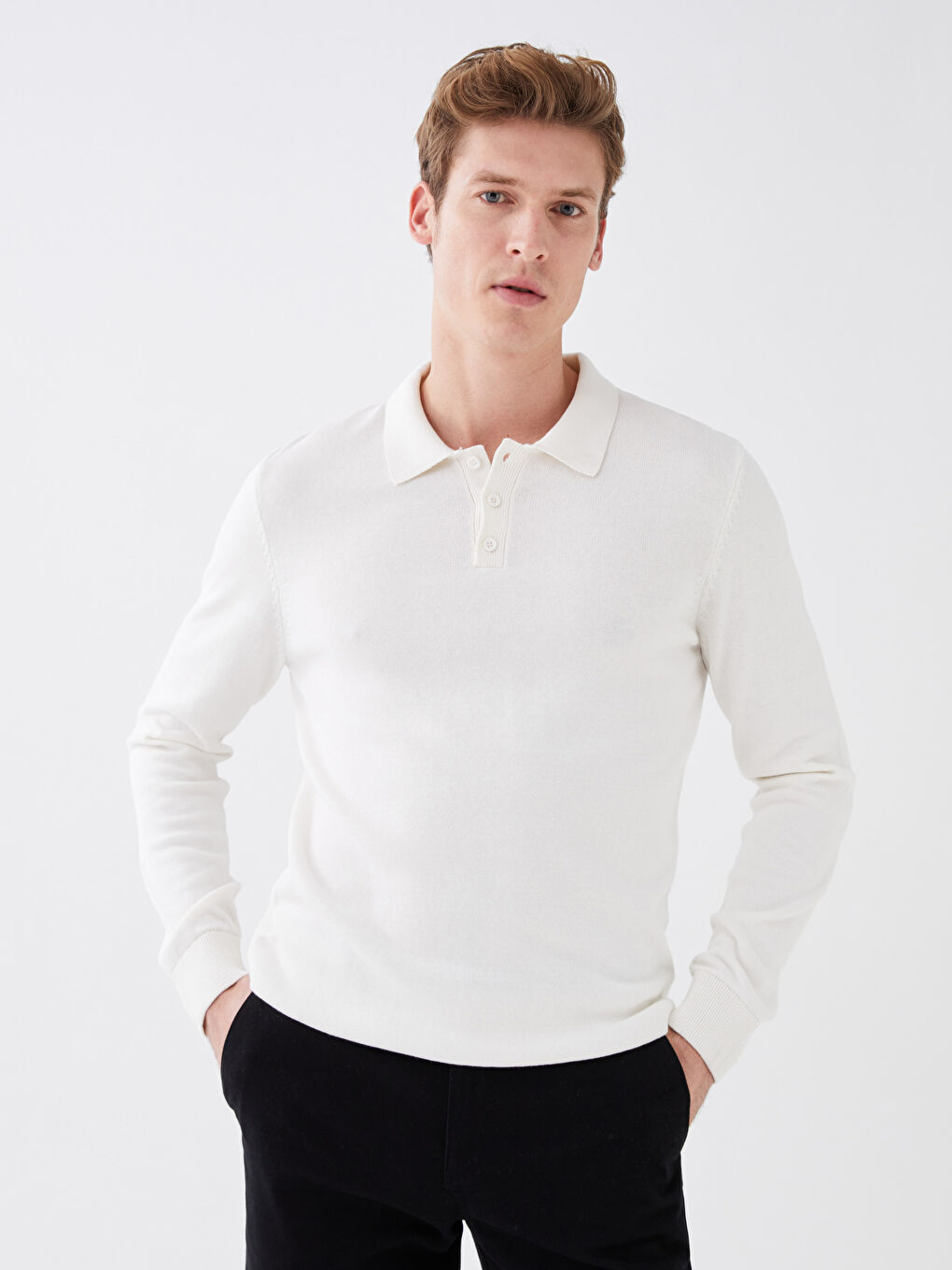 Мужской трикотажный свитер с длинным рукавом и воротником-поло-1