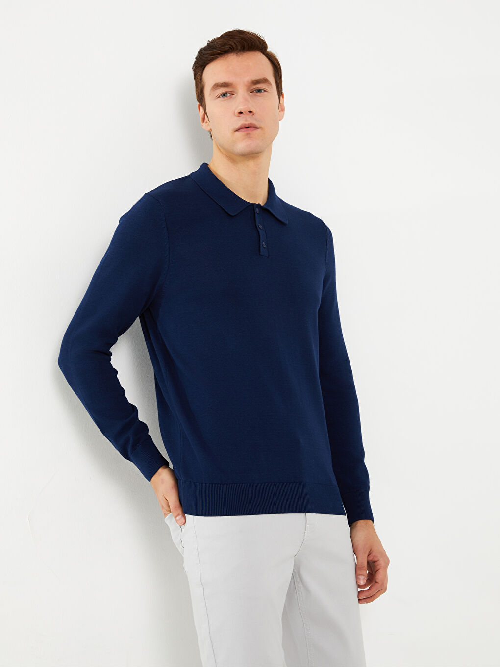Polo Neck Long Sleeve Men's Knitwear Sweater