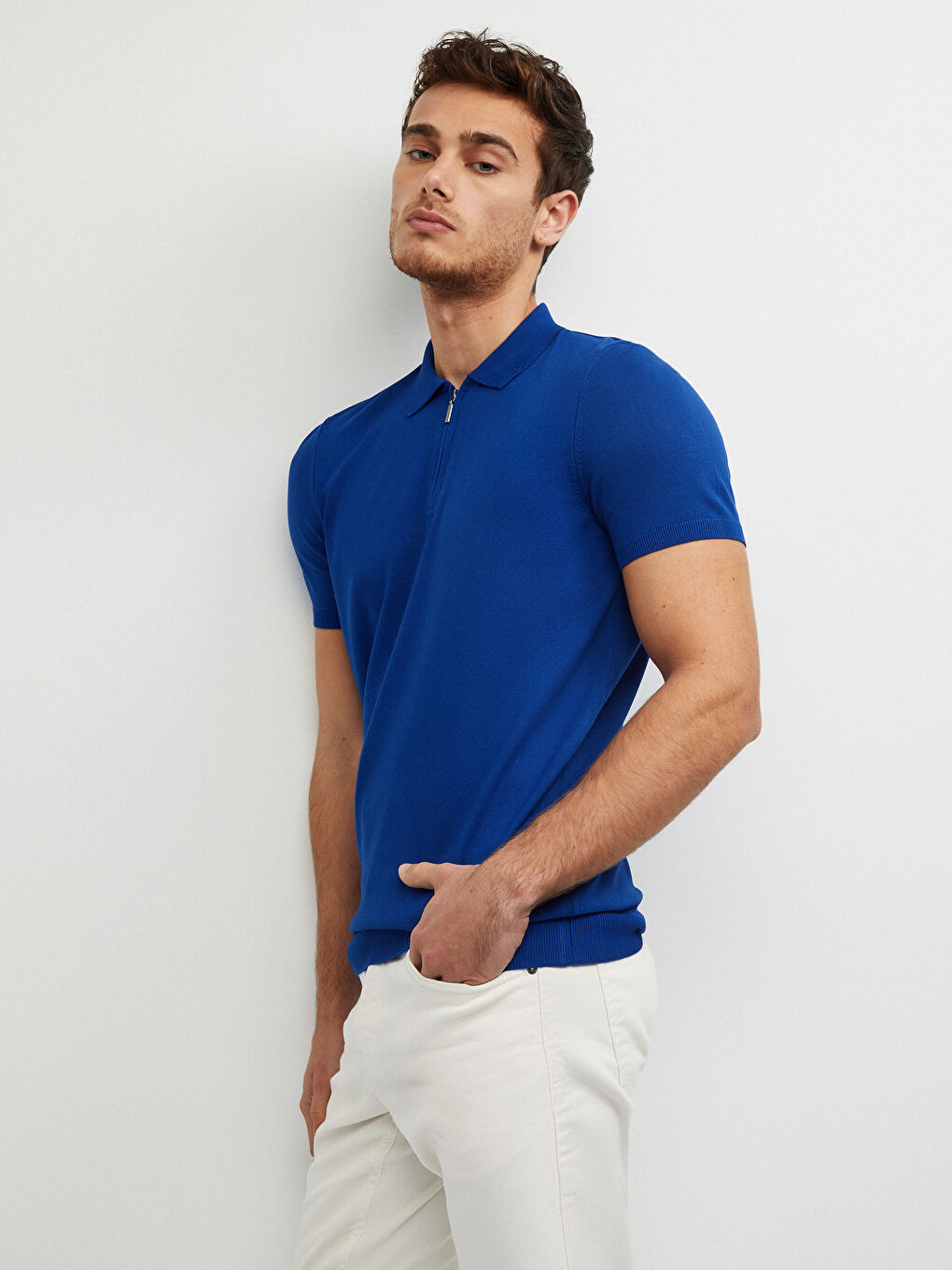 سترة تريكو بياقة بولو وكم قصير للرجال-1