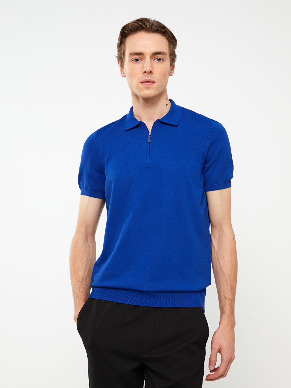 سترة تريكو بياقة بولو وكم قصير للرجال-2