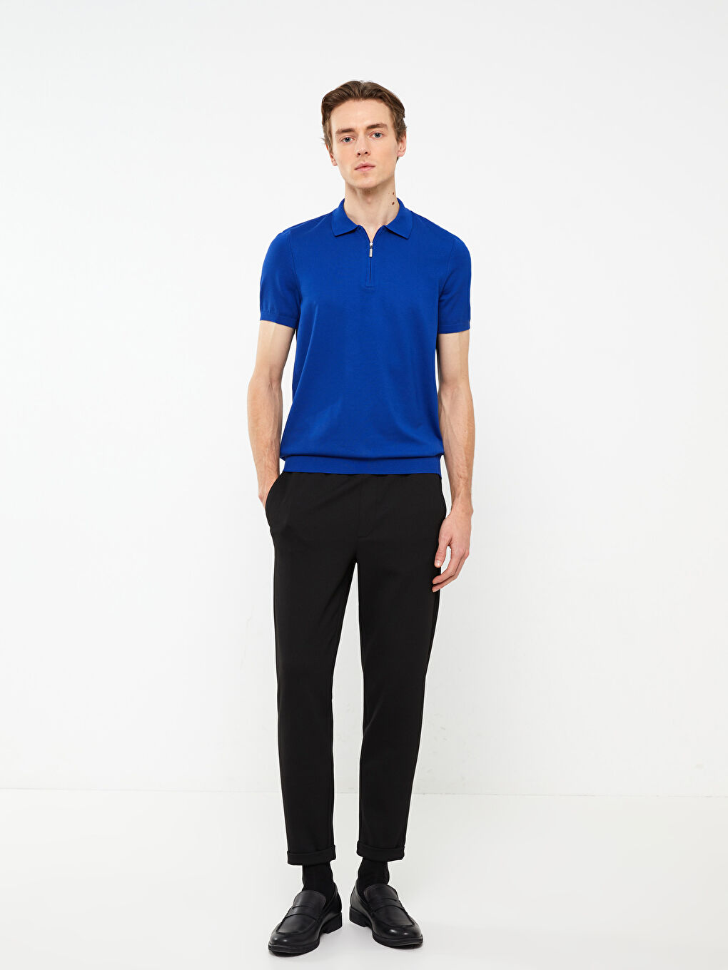 سترة تريكو بياقة بولو وكم قصير للرجال-4