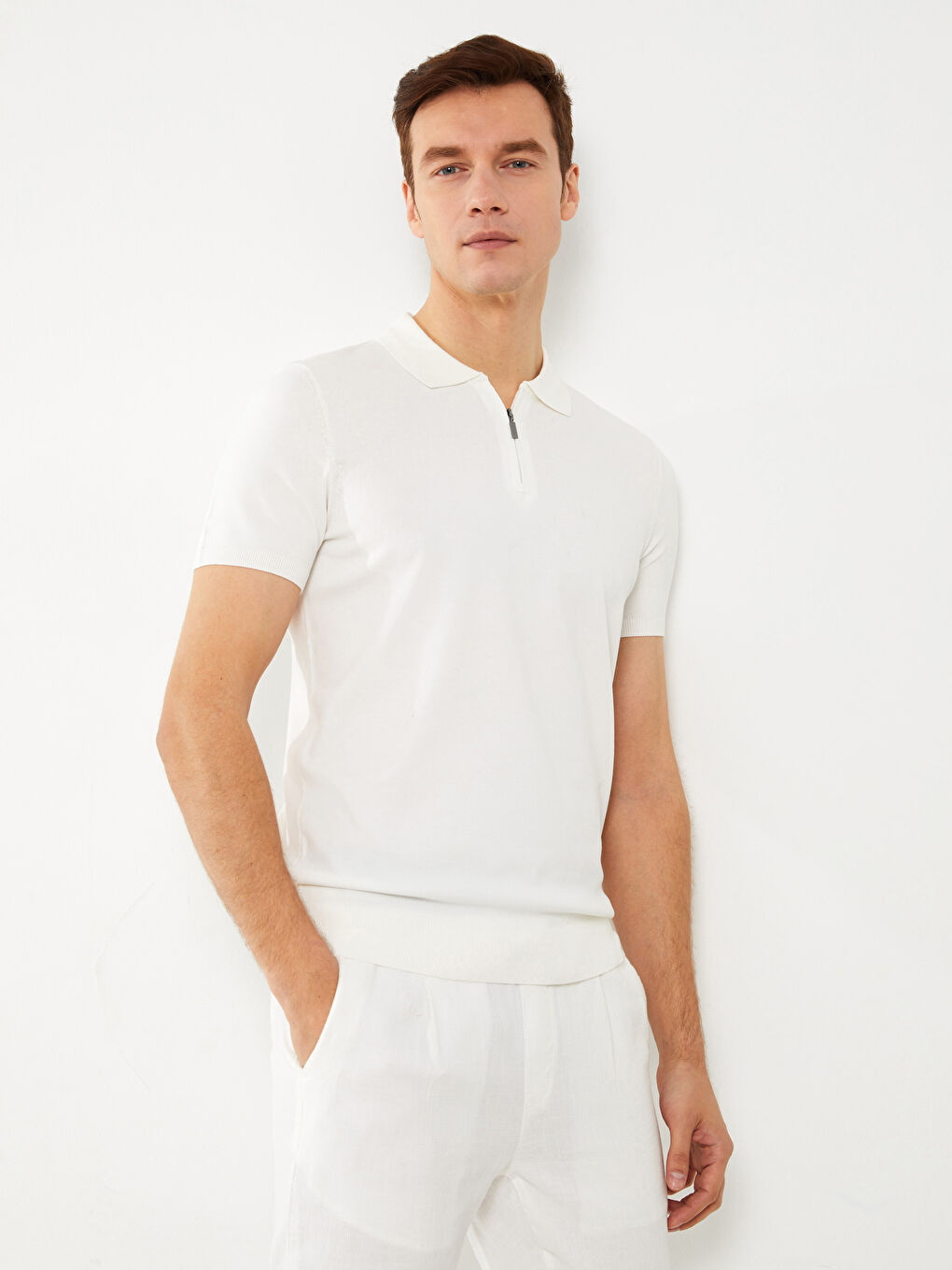 Pulover Tricotat cu Guler Polo și Mânecă Scurtă pentru Bărbați