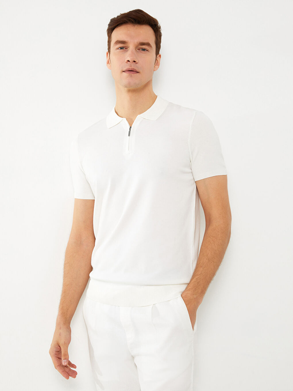 Pulover Tricotat cu Guler Polo și Mânecă Scurtă pentru Bărbați-1