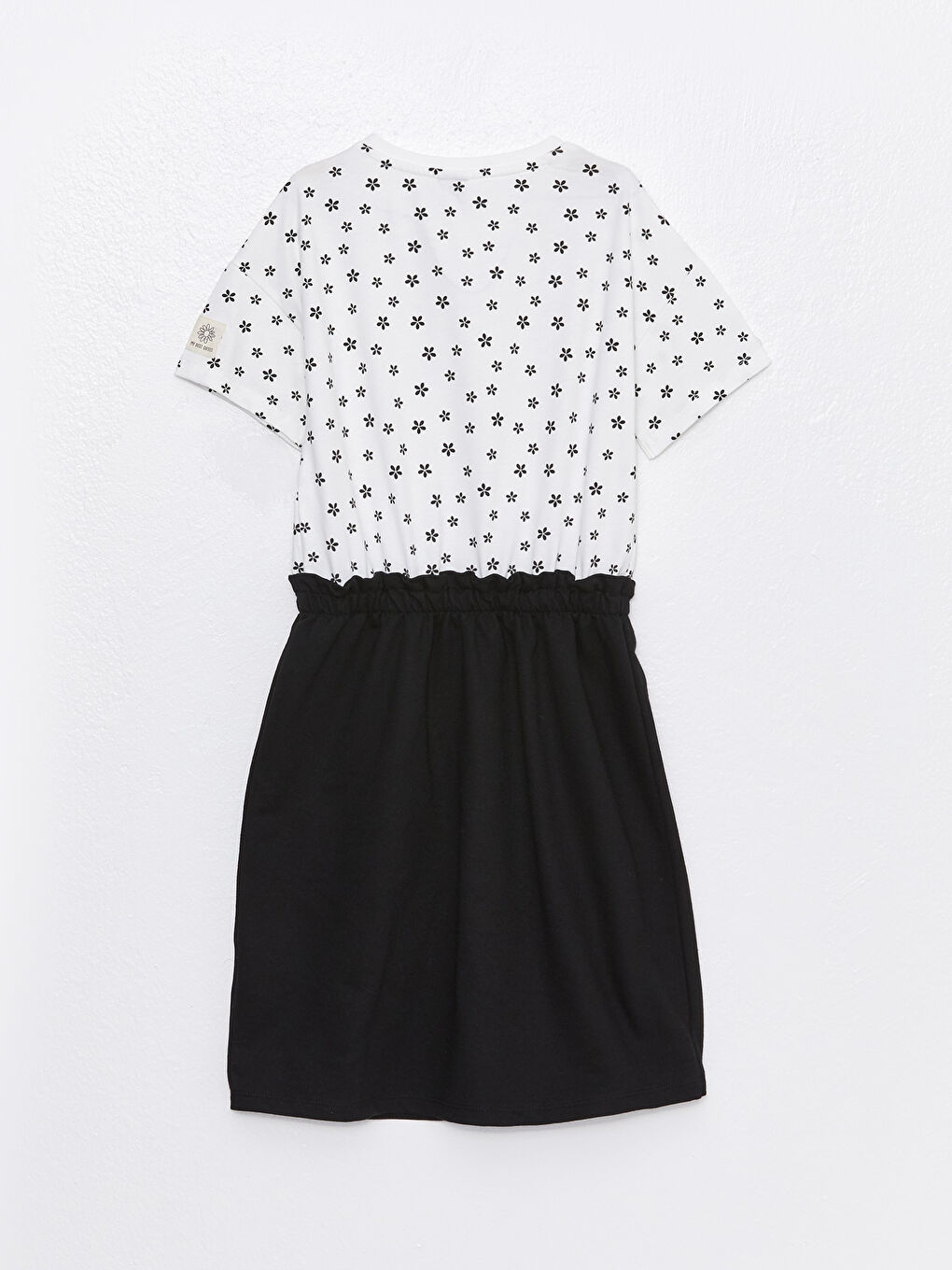 Ekru Bisiklet Yaka Baskılı Kısa Kollu Kız Çocuk Elbise-1