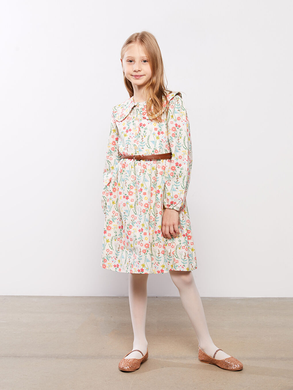 LCW Kids Bebe Collar Patterned Long Sleeve Girl Dress -S30744Z4-LRB