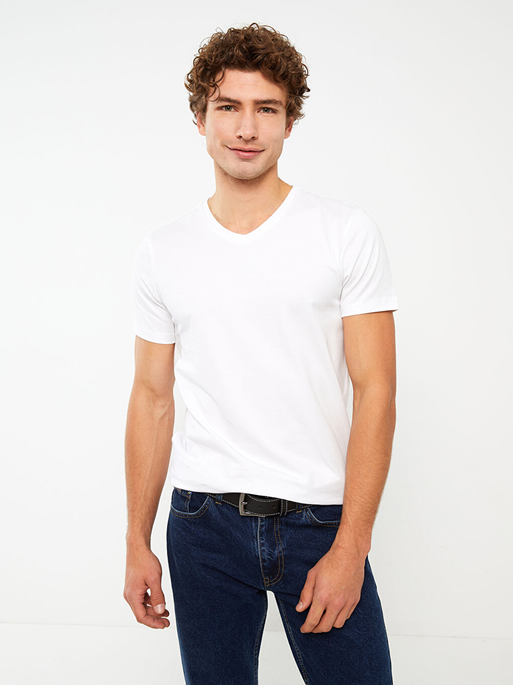 تي شيرت ياقة على شكل حرف V كم قصير جيرسي للرجال-1