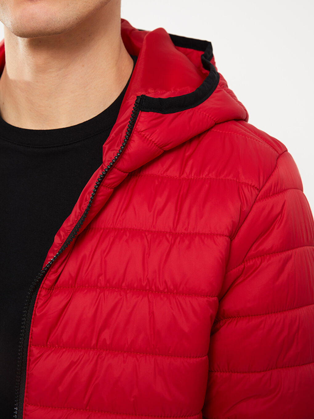 Kırmızı Standart Kalıp Kapüşonlu Erkek Şişme Mont-2