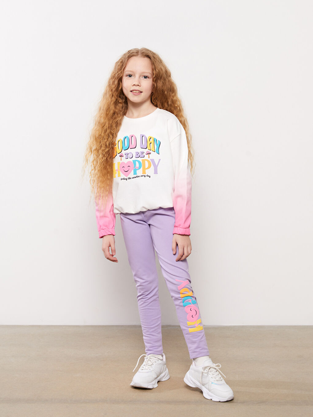 Свитшот с круглым вырезом, с принтом и длинным рукавом, и леггинсы для девочек-1